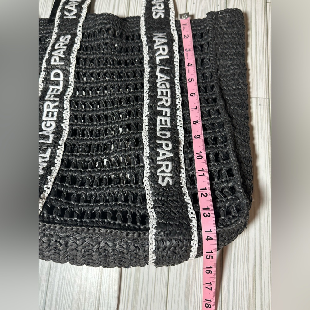 Karl Lagerfeld Paris Antibes Black Woven Straw Tote Bag Logo Straps - Picture 6 of 7